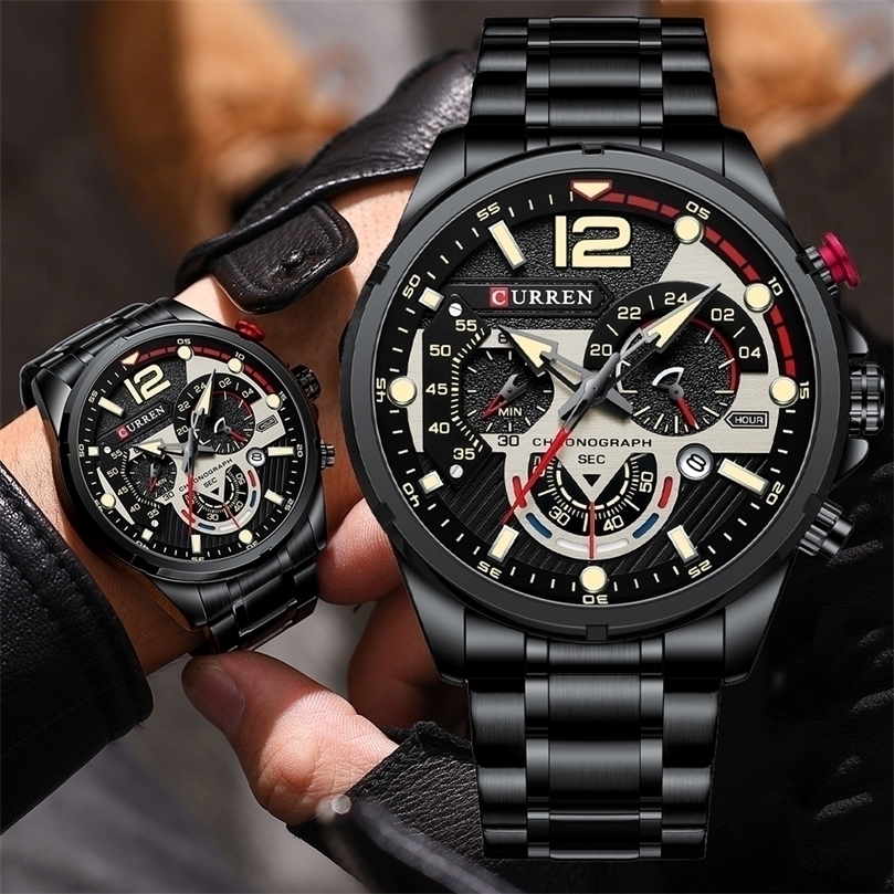 

CURREN Casual Business Chronograph Waterproof Stainless Steel Watch Mens Luxury Fashion Quartz Men Watches 220530, Black