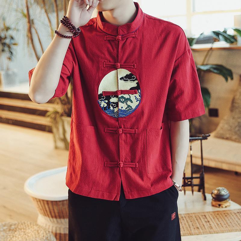 

Men's Casual Shirts Traditional Chinese Tang 2022 Summer Men Cotton Linen Hanfu Male Print Tops Retro Red Suit -5XL, Black