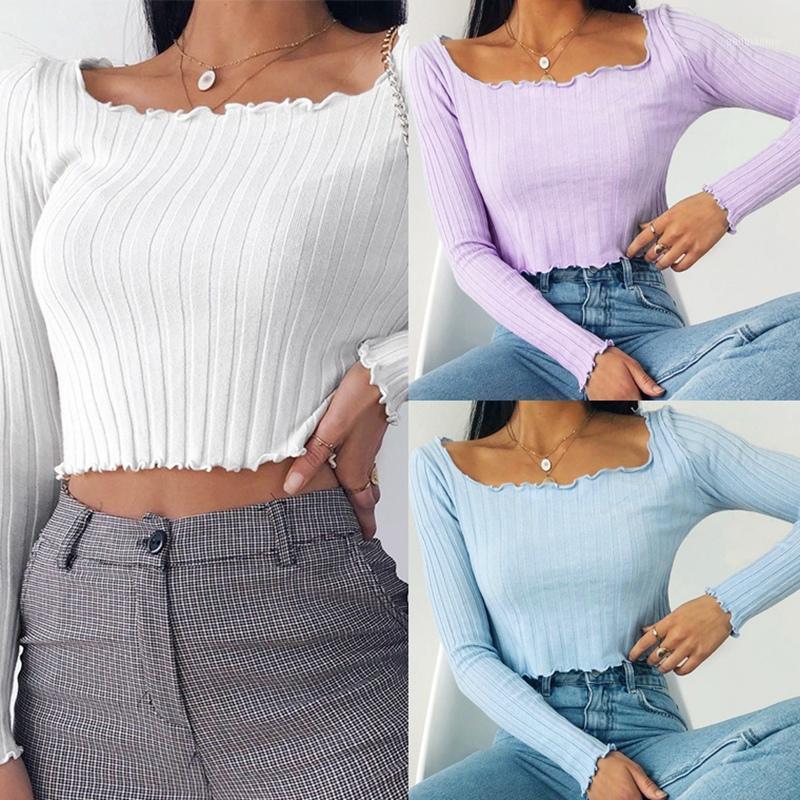

Elegant Women Crop Top T Shirt Autumn Ribbed Knitting Long Sleeve Tee Shirts Streetwear Leisure T-Shirt, Blue