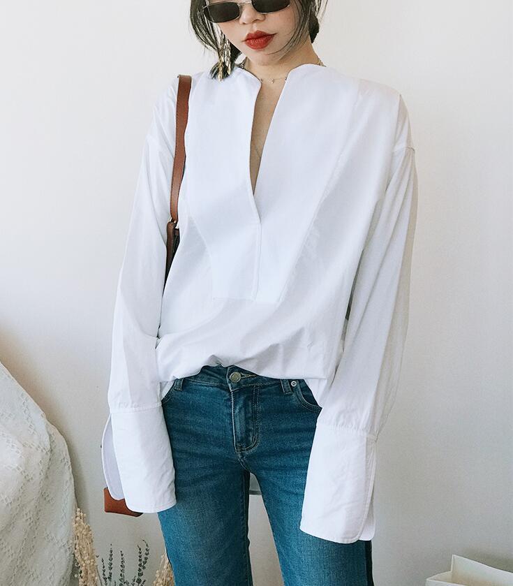 

Women's Blouses & Shirts [ElfStyle] - Millay Tuxedo Blouse White Oversized TOP V-neck Cut Dropped Shoulders Long Sleeves Open Cuffs WOMAN