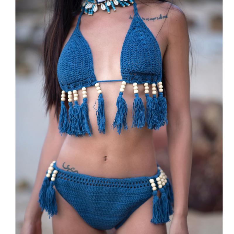 

Women' Swimwear 2022 Summer Handmade Crochet Tassel Beads Bikini Set Sexy Women Swimsuit Biquinis Bathing Suits Beach Wear Swim 4 Color, Black