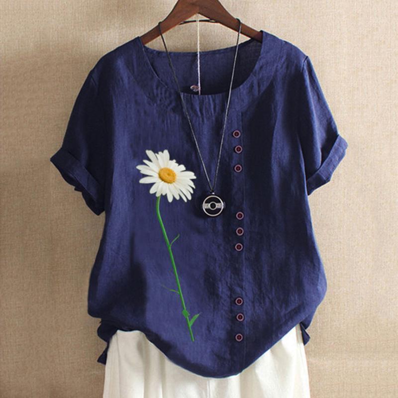 

Women's Blouses & Shirts Flower Print Women Casual Short Sleeve O-neck Button Loose Shirt Top Blouse Camisa Femenina Blusas Mujer, Army green