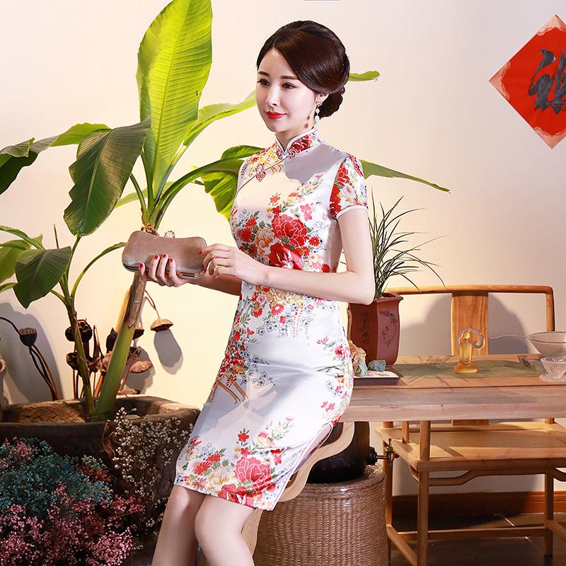 

Ethnic Clothing Black Flower Cheongsam Sexy Split Qipao Mini Chinese Traditioanl Dress Satin Female Mandarin Collar DressesEthnic
