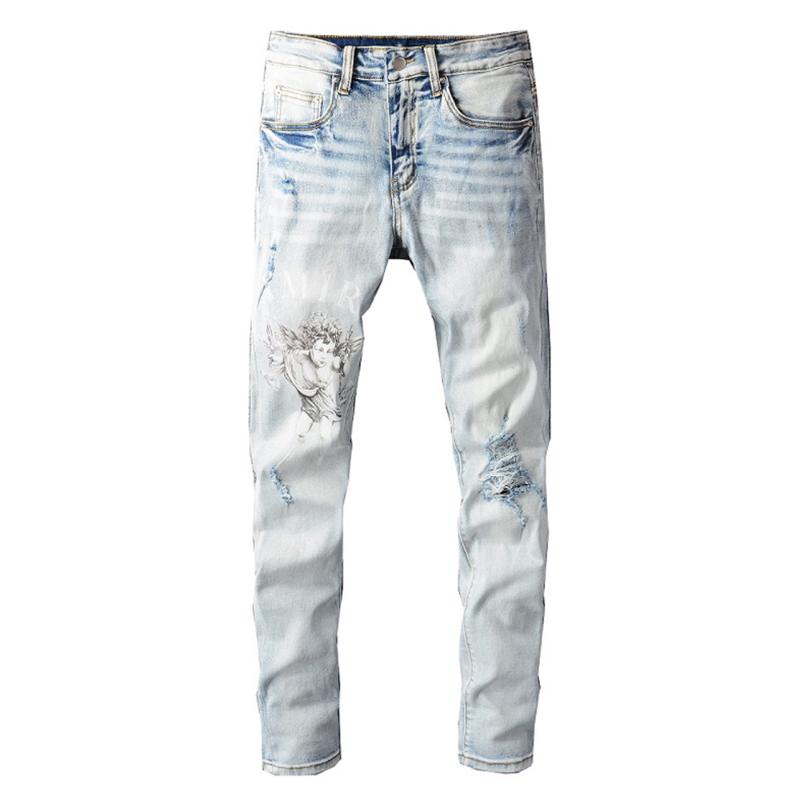 

Men's Jeans Men's Angel Printed Ripped Stretch Streetwear Holes Denim Pencil Pants Trendy Slim Skinny TrousersMen's, Blue