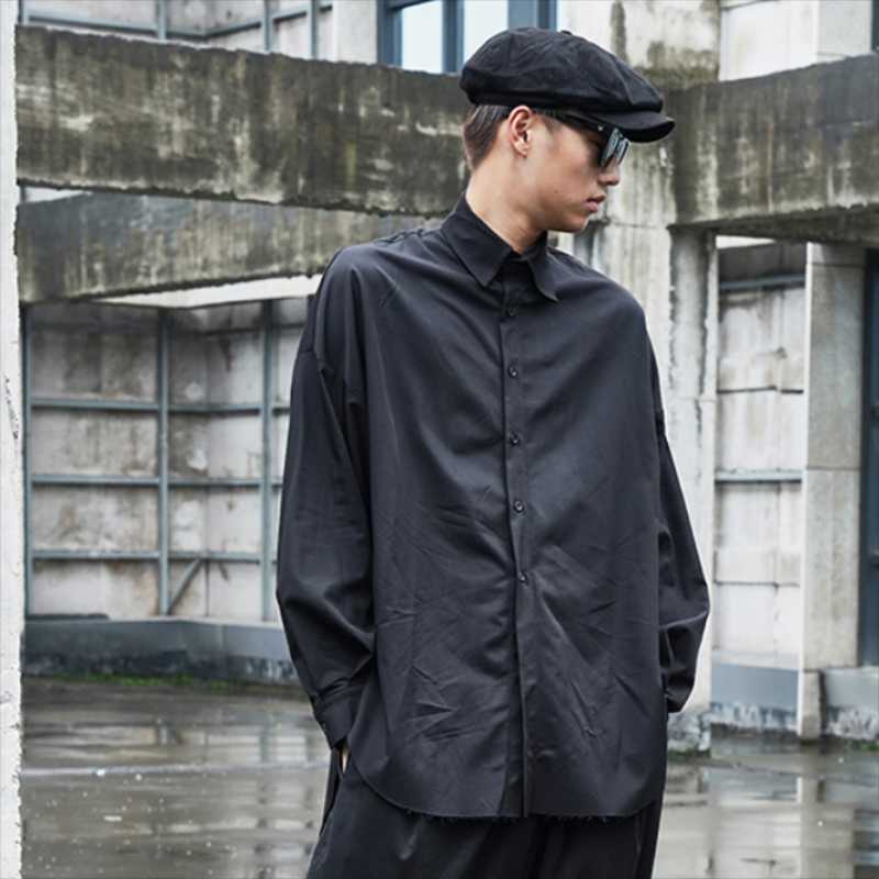 

Men's Casual Shirts Men's Long Sleeve Shirt Spring And Autumn Dark Front Short Back Fashion Trend Loose Large Size ShirtMen's, Black