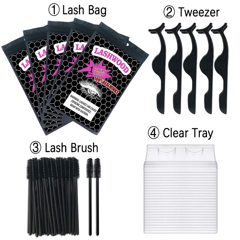 

False Eyelashes Wholesale Pink/White/Black Eyelash Packaging Bag With Lashwood Sticker Lash Trays Brush Tweezers Applicator For Set BoxFalse