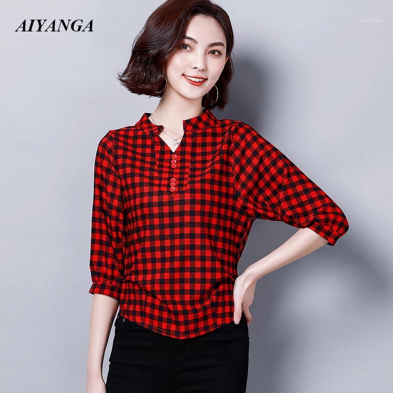 

2XL 3X 4XL 2022 Womens Tops And Blouses Cotton Red Black Plaid Shirt Casual Female Plus Size Blouse Blusas Women's & Shirts