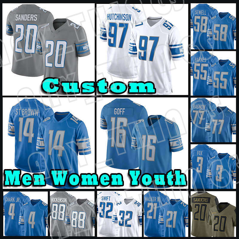 

97 Aidan Hutchinson 16 Jared Goff 32 D'Andre Swift Football Jersey 14 Amon-Ra St. Brown 88 T.J. Hockenson 20 Barry Sanders 58 Penei Sewell 55 Derrick Barnes Jameson Williams, Custom men (x s)
