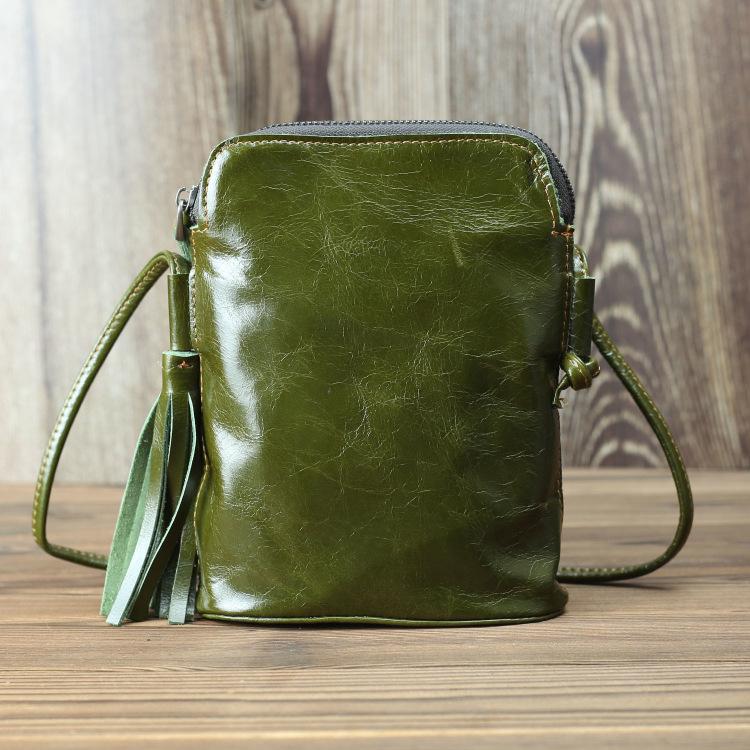 

Evening Bags Vintage 100% Natural Oil Wax Cow Leather Women Shoulder Tassel Sling Beg Genuine Crossbody Bag, Black