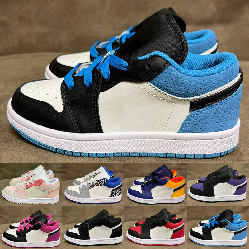 

University Blue 1s Jumpman 1 Low kids Basketball Shoes Bred UNC Triple White Pine Green Tie Dye Wolf Grey Big Boy Girl Sports Outdoor shoes Sneakers Size 24-37, As photo 5