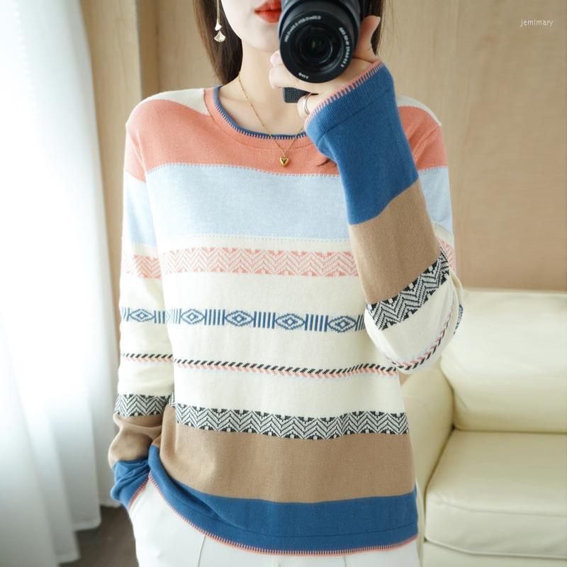 

Women' Sweaters Knitwear Women' Autumn Striped Age-reducing Bottoming Shirt Color Matching Long-sleeved Sweater Loose Inner Top Pullov, Green