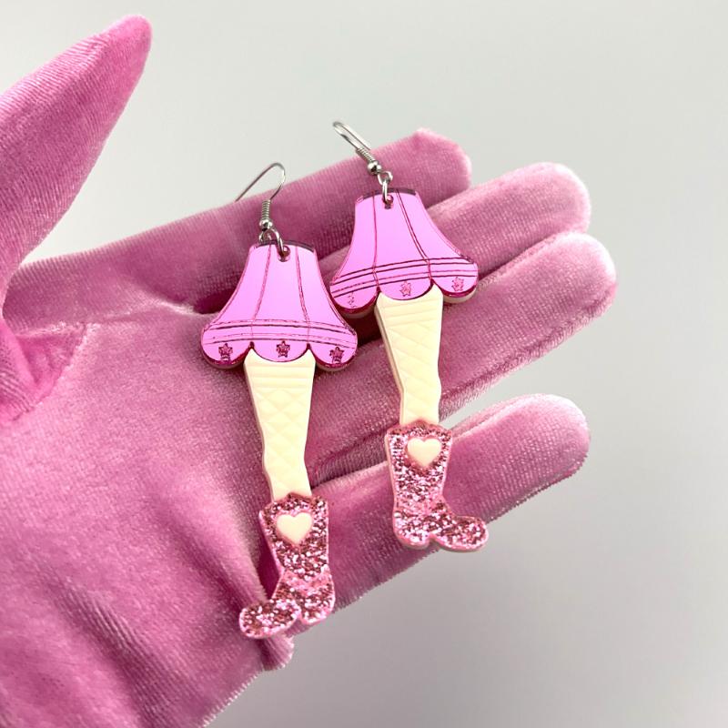 

Dangle & Chandelier Glitter Powder Pink Lovely Table Lamp Hyperbole Acrylic Earrings Women Retro Short Skirt Leg High Heel Fashion EarringsD