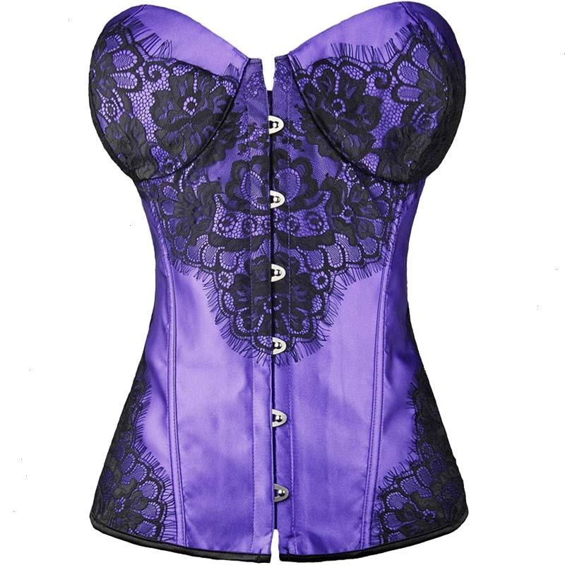 

Gothic Overbust Corset Womens Shapers Lingerie Sexy Vintage Lace Floral Bustier Women Underbust Shapewear Halloween Costume Plus Size, Purple
