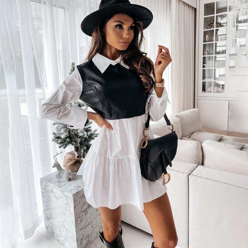 

Casual Dresses Autumn Long Sleeve Mini Shirt Dress For Women Spring PU Leather Patchwork Plaid Elegantes Office Lady Vestidos, Black