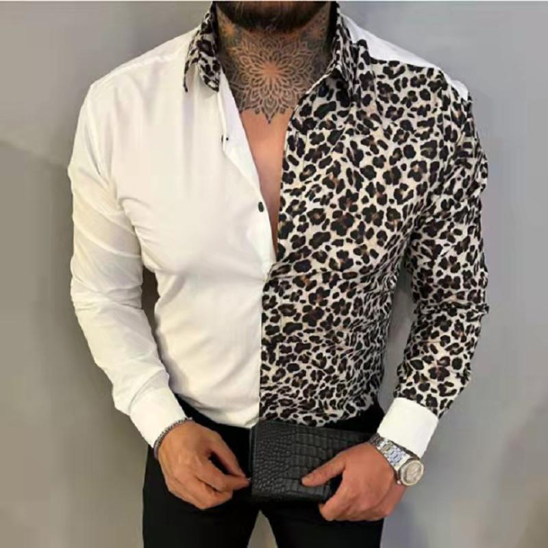 

Men's Casual Shirts Fashion Luxury Men Turn-down Collar Buttoned Slim Leopard Print Long Sleeve Blouse Tops Male Clothing Cardigan, 001
