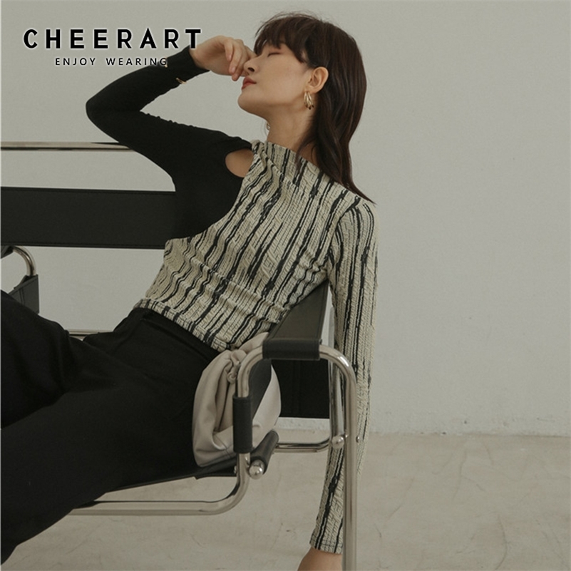 

CHEERART Designer Shirt For Women Sexy Hollow-Out Ladies Patchwork Long Sleeve ee Femme op Underwear 220321, Beige