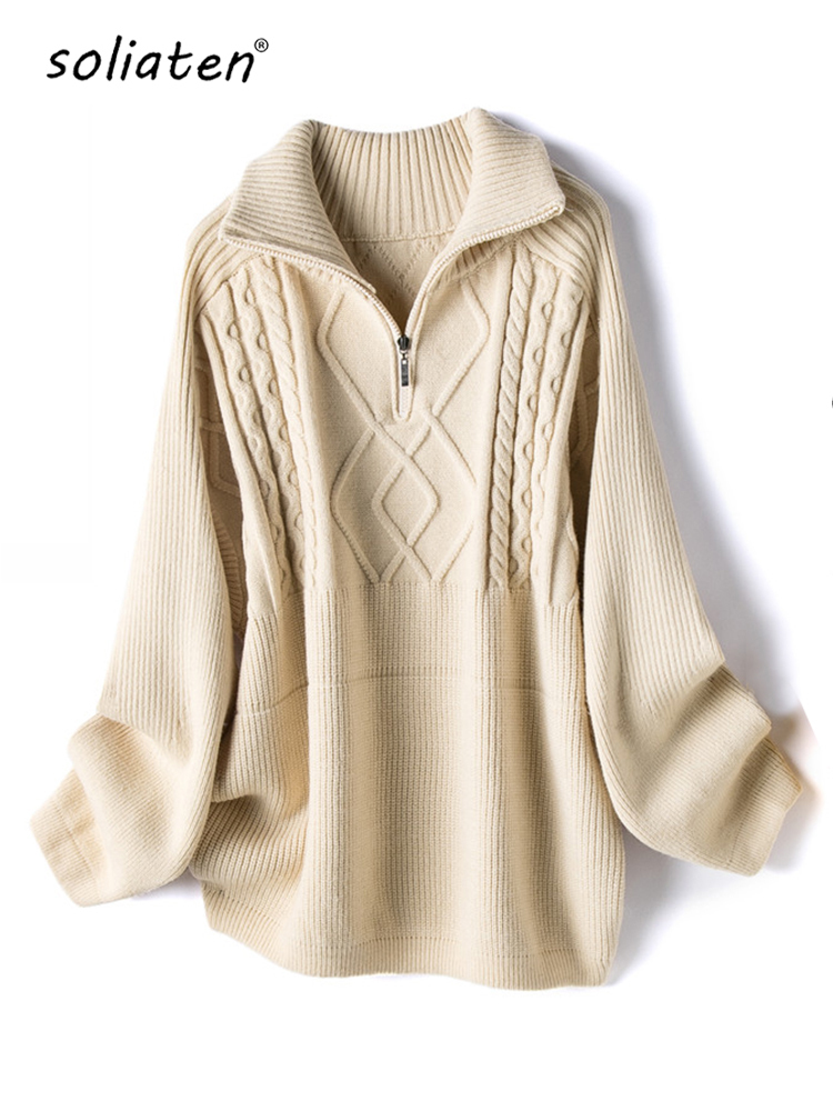 Pull en laine torsadée surdimensionné pour femmes pull tricoté épais et chaud solide à manches longues col roulé zippé manteau d'hiver C295 22081