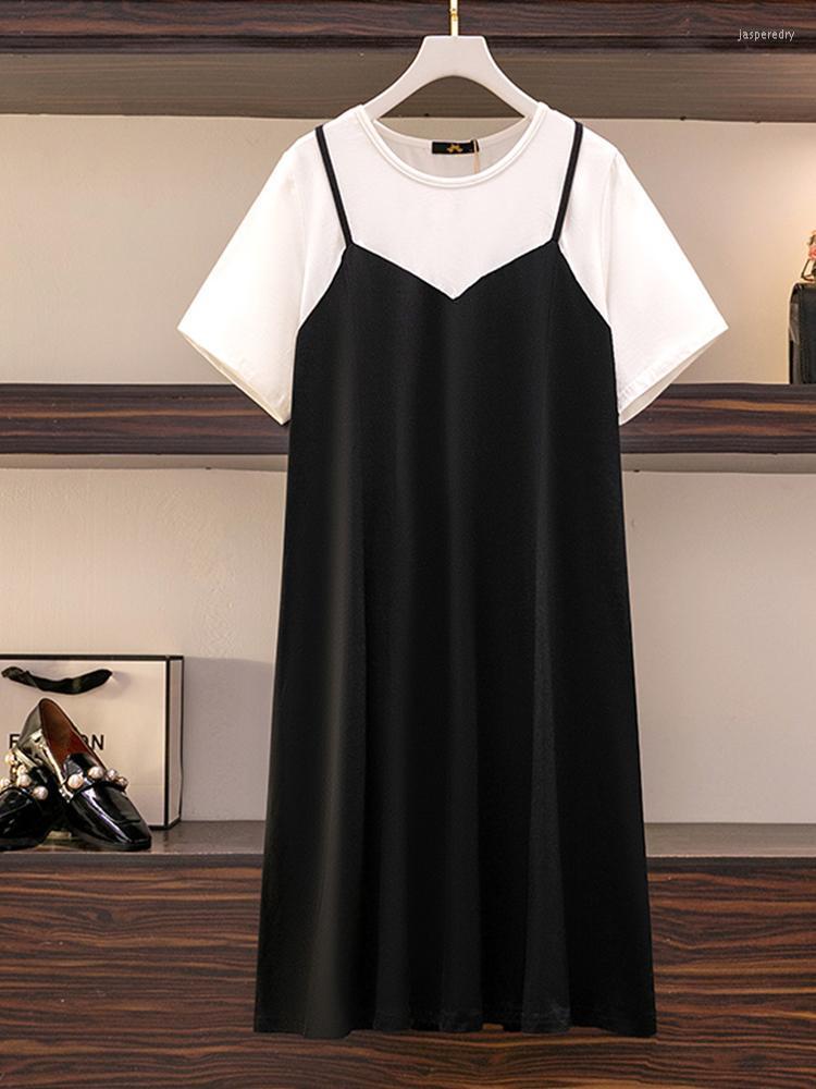 

Plus Size Dresses Women Casual Dress Summer Sundress Korean Short Sleeve O Neck Loose Vestidos Fake Two-Piece Solid Oversized Jasp22, A0847-black