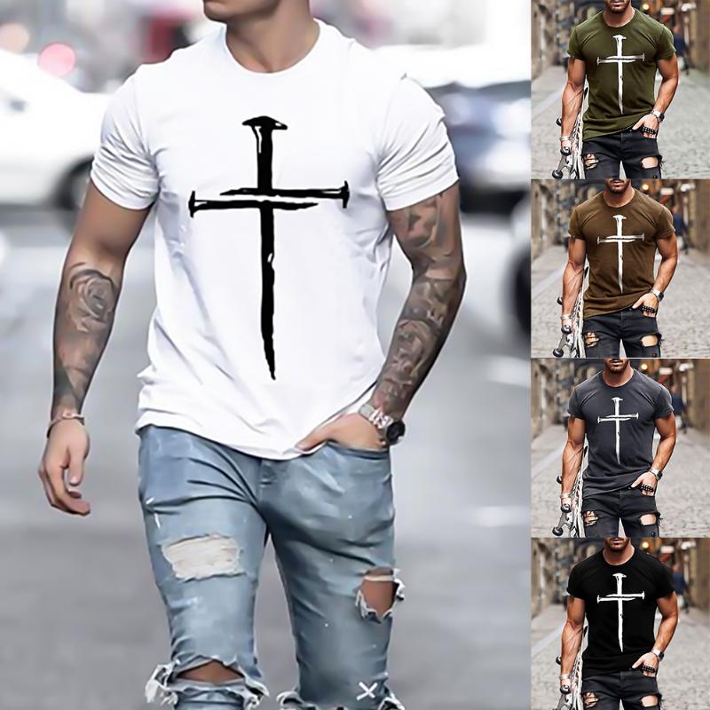 

Men's T-Shirts Men Top Summer Fashion Cross Print T-shirt Loose Clothes Short Sleeve O-Neck Shirt Casual Clothing