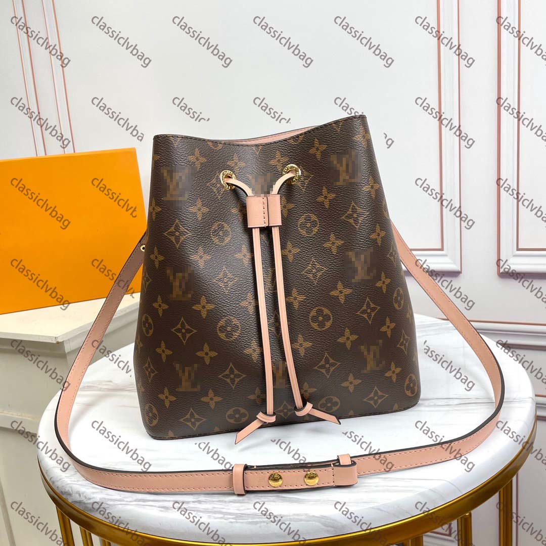 

2022 HOT Luxurys Designers NEONOE Crossbody Bag Bucket Handbags Purses Drawstring Women Tote Brand Letter Genuine Leather Bags, 03 brown flower red