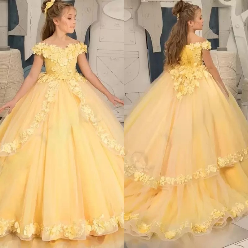 2022 Robes de fille de fleur jaune Première robe de communion sainte pour filles robes de mariage robe de fête de mariage pour enfants
