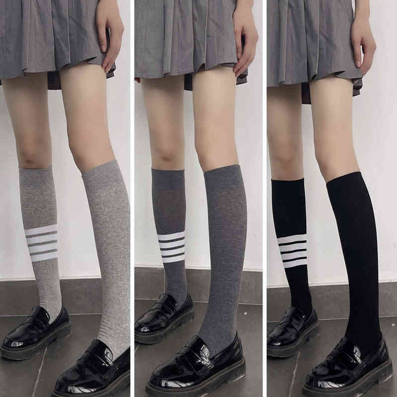 

Spring and autumn JK cotton net red ins tide medium long tube gray four bar stripe asymmetric luminous calf socks TB socks, Black