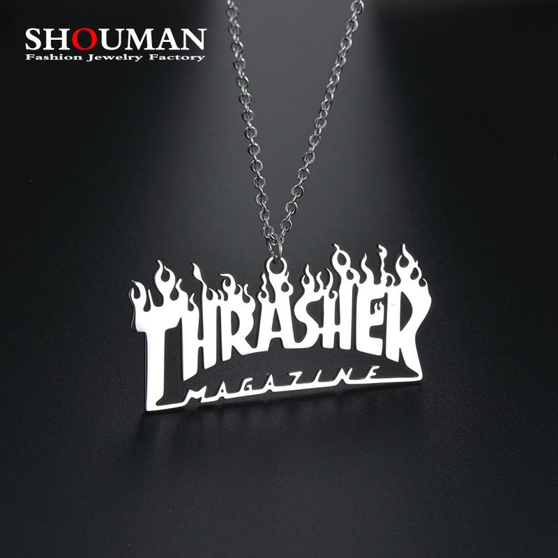 Shouman All Stainless Flame Pendants Fire Cool Street Hip-hop Rock Necklace Magazine Thrasher Letter Fashion Women Men Girl Boy Jewelry