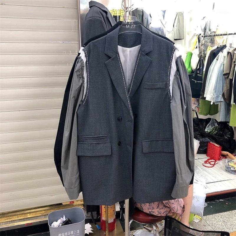 

Women's Suits & Blazers [EWQ] 2022 Autumn Winter Splicing Shirt Bubble Sleeve Loose Notched Coat Design Sense Suit Fashion Blazer 16E4859, Black