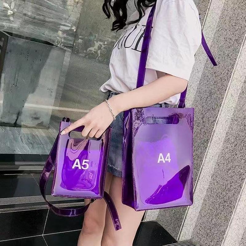 

Evening Bags Fashion Women PVC Transparent Summer Composite Jelly Bag Plaid Canvas String Simple Messenger A4 A5 Solid Color Bucket-bagEveni, A5 purple