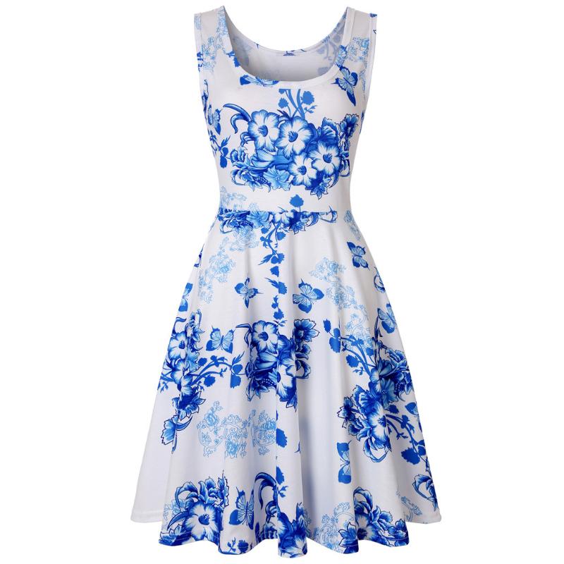 

Casual Dresses Steady Clothing Dress Women Sleeveless Floral Print Summer Beach A Line Party DressCasual, Blue