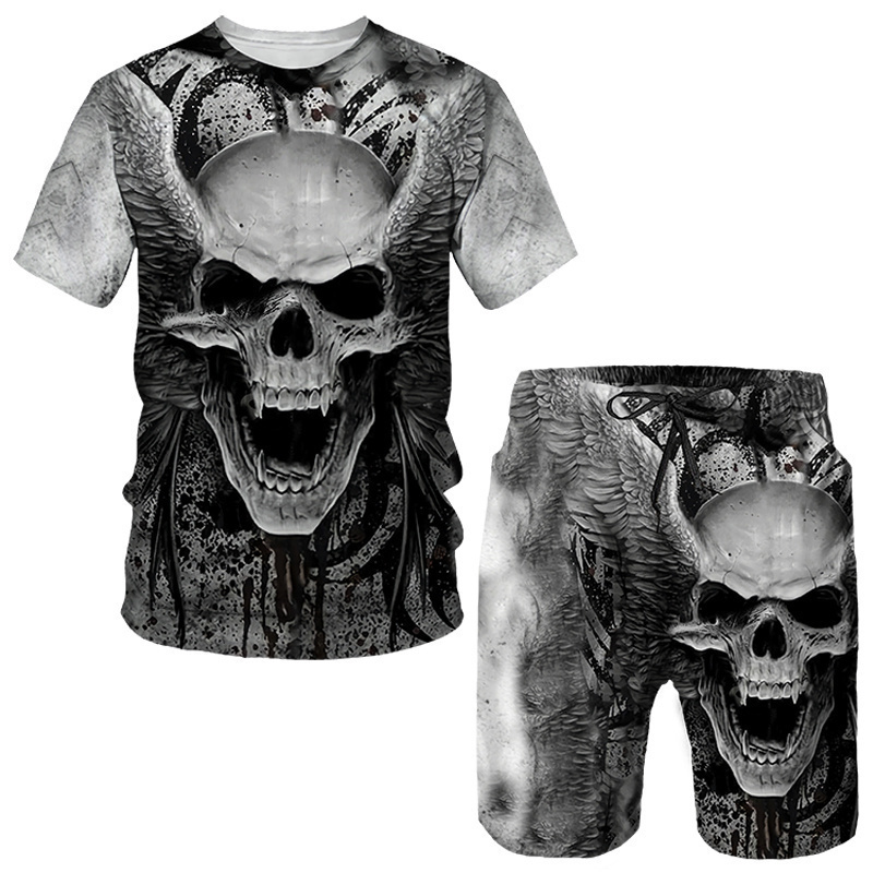 

Punk Skull 3D Printed Oversize T shirt Shorts Sets Men s Sportswear Tracksuit Gothic Graphic Tee Tops Summer Clothing Suit 220615, One piece tee -a