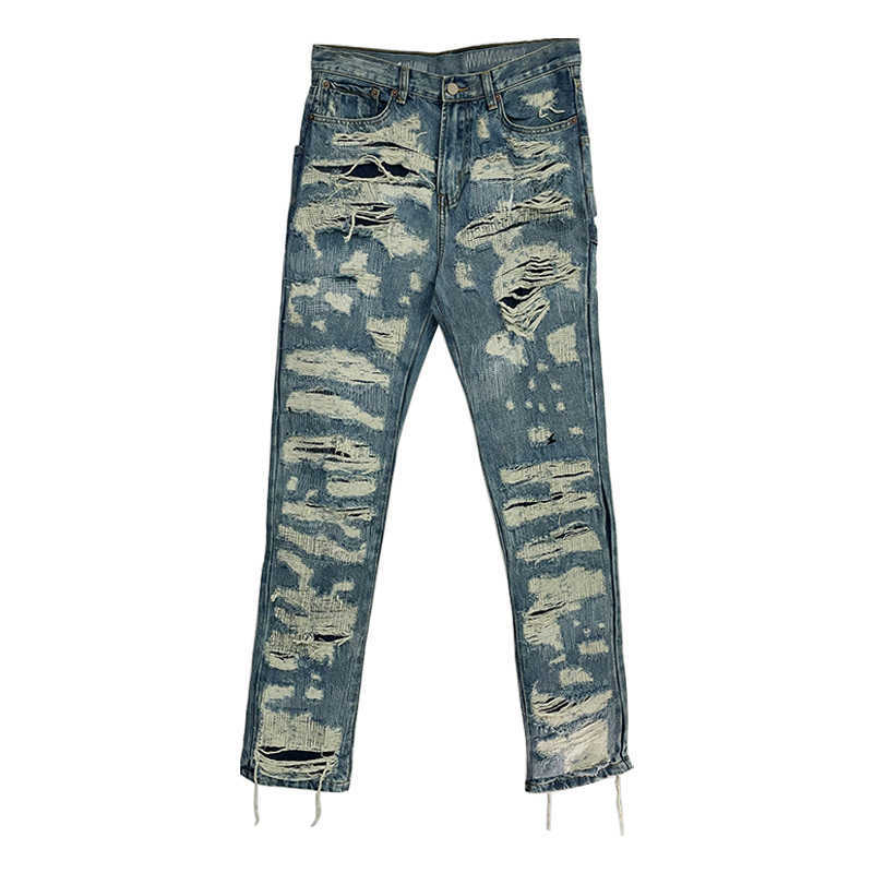 

Men' Jeans Autumn and winter new products TS same exaggerated pasted cloth slim straight tube red eared ox King damaged embroidery patch cowboy pants, Light blue
