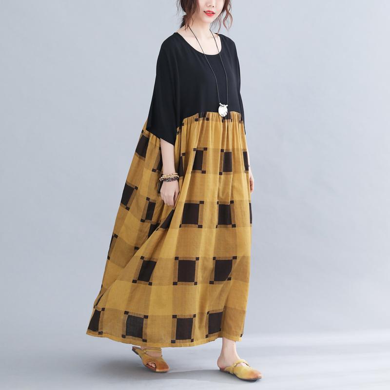 

Plus Size Dresses BIG Summer Women Fashion Elegant Plaid Spliced Tops Ladies Female Large Long Swing Casual Ruffles Drapped Cotton Dress, Black