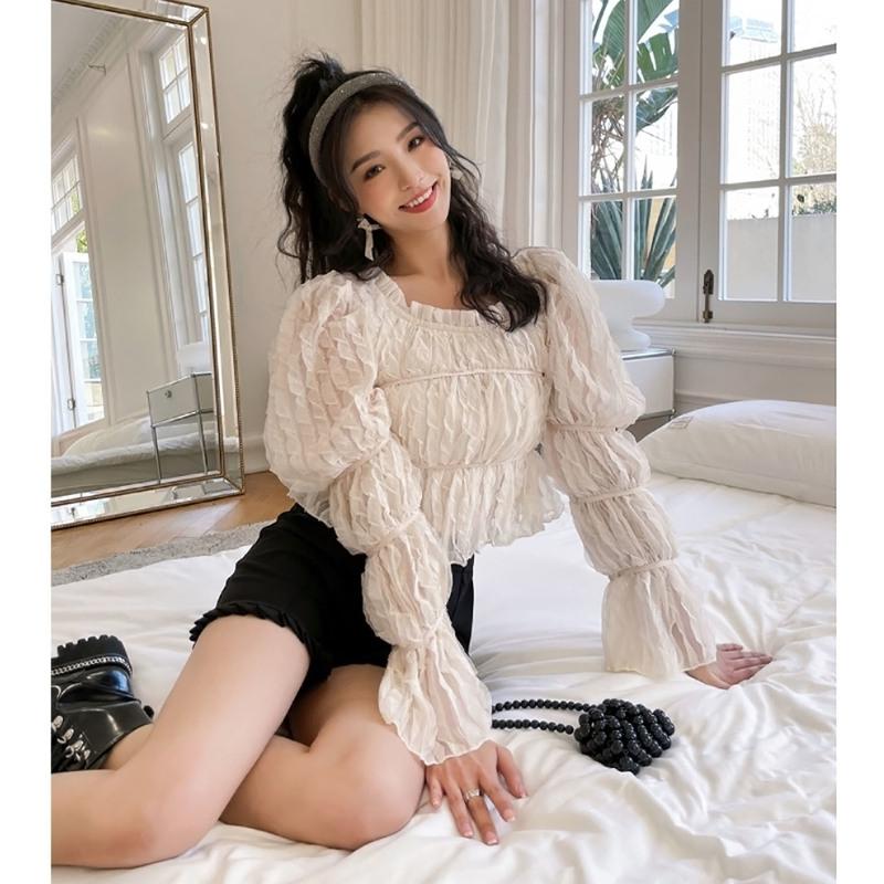 

Women' Blouses & Shirts Brand Lace-up Folded Long Sleeve Blouse O-neck Slash Neck Pleated Crop Top High Quality Women Shirt Blusas Rojas Mu, Creamy-white