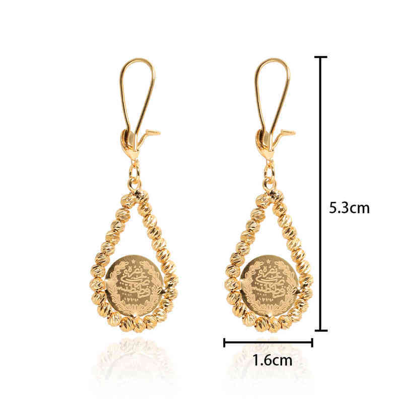 

New arrival vintage 21K gold plated drop round coin earring dubai turkish coins earring for women 2021