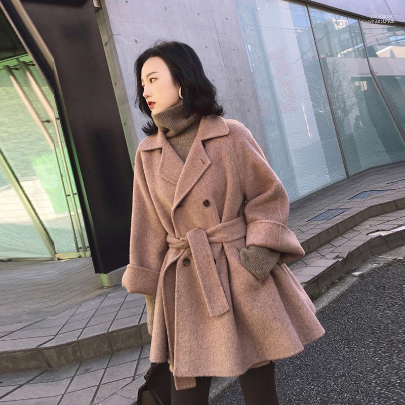 

Men' Wool & Blends Winter 2022 Belt Double Cashmere Coat Women' Middle And Long High Sense Fairy Versatile Woolen Fashion1 Viol22, Black