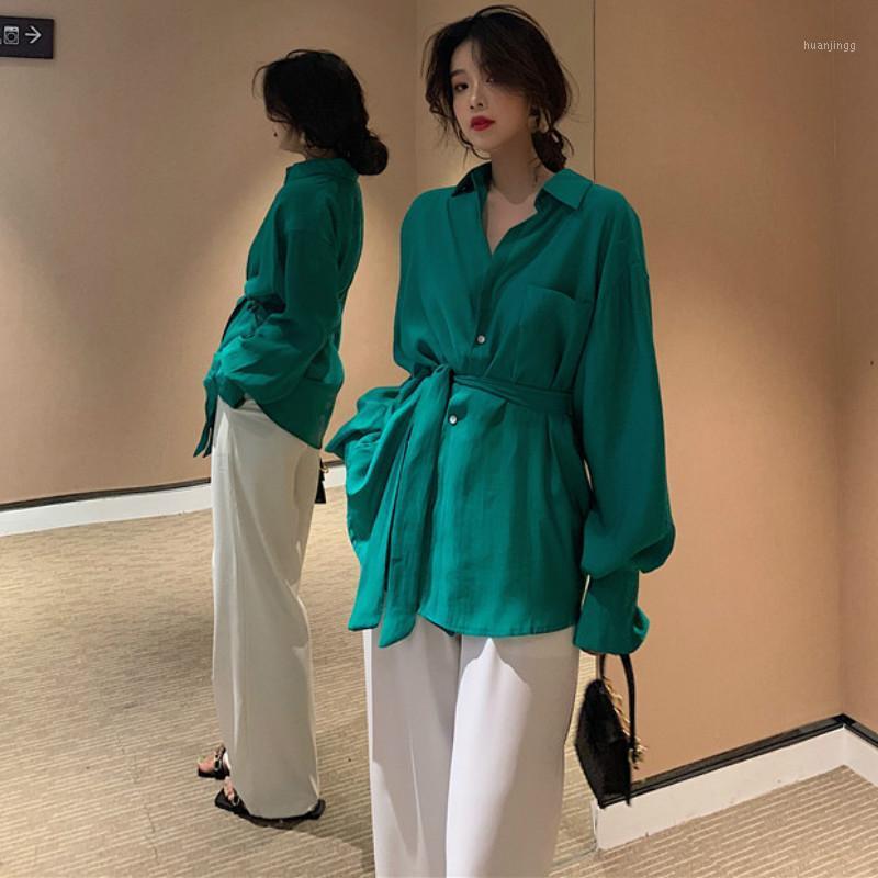 

Women Temperamental Fashion Loose Lace Up Blouse Shirt 2022 Spring Autumn Elegant Tunic Long Sleeve Peplum Tops Women's Blouses & Shirts, Green