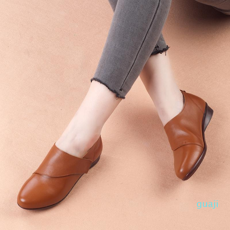 

Dress Shoes Genuine Leather Flats Women Retro Casual Autumn Round Toe Shallow Concise Handmade Ladies, Auburn