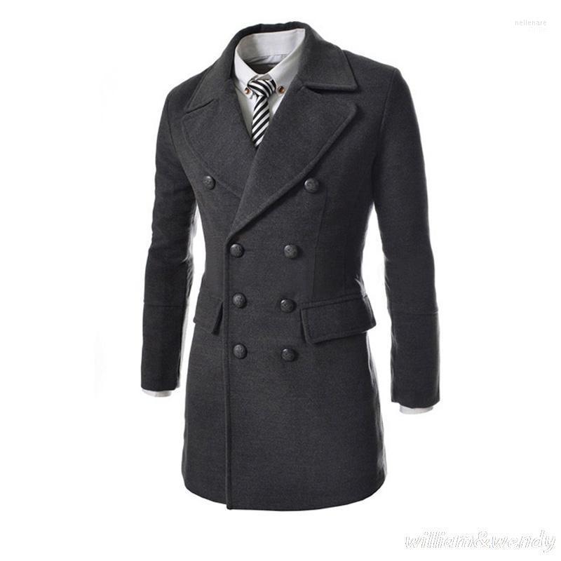

Men's Wool & Blends Wholesale- Men Slim Blend Peacoat Autumn Winter Warm Double Breasted Jacket Cashmere Down Coat Male Classic Black Long O