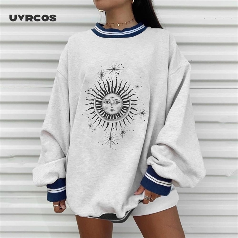 

UVRCOS Plus Size Autumn Winter Sun Star Sweatershirts Womens Casual Loose Pullover Cute Youg Girls Hoodies Female Clothes Gray O 201203, Gray sun star