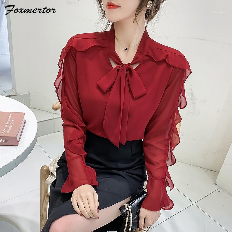 

Women' Blouses & Shirts Korean Women Blouse 2022 Spring Lace Panel Shirt Tops Female Long Sleeve Ruffled Slim Bow Red White Blusas