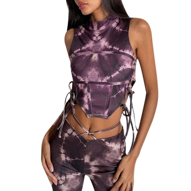 

Women' Tanks & Camis Women Summer Outfits, Tie Dyed High Collar Sleeveless Lace Up Crop Tops With Side Lacing Hem For Girls 2022