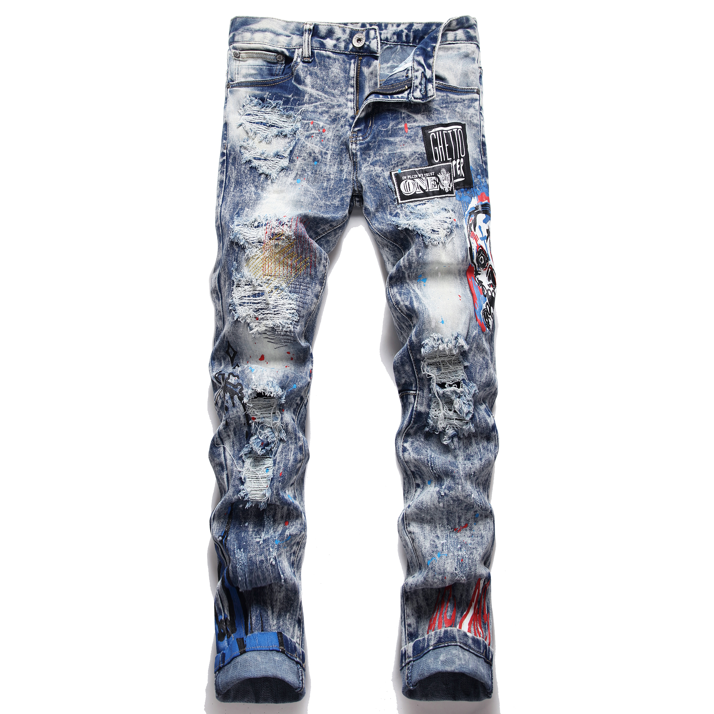 Hip Hop Jeans Hommes Slim Fit Déchiré Imprimé Droite Biker Denim Pantalon Grande Taille Tie Dye Bleu Pantalon Homme Pour Homme