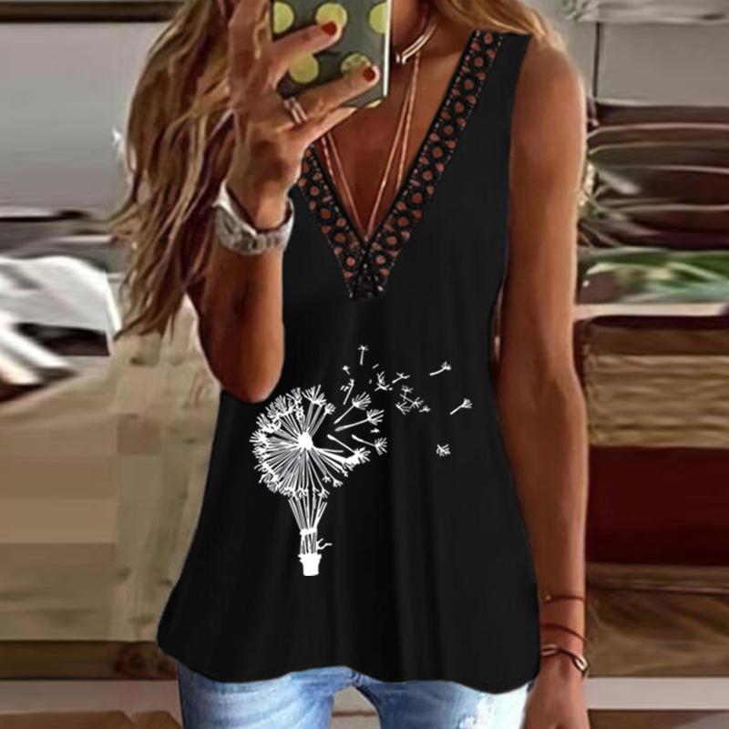 

Women' Tanks & Camis Sunmmer Vests Tops Women Casual V Neck Dandelion Print Sleeveless Top Shirt Loose Lace Tank Poleras MujerWomen, White