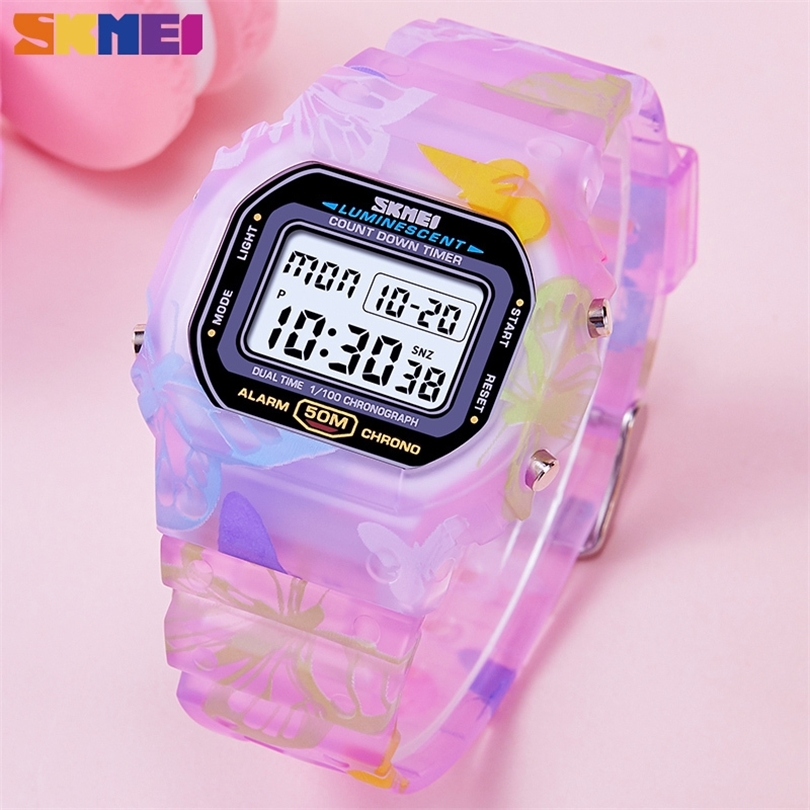 

SKMEI Colorful Fashion Ladies Watches PU Transparent Shockproof Teenager Girls Wristwatches Digital Waterproof reloj mujer 1627 201120, Purple