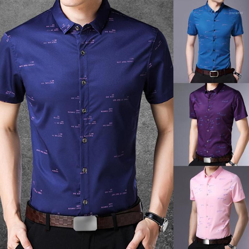 

Men Summer Casual Fashion Shirt Fit Slim Quick-dry Letter Pattern Streetwear Short Sleeve Blouse T-Shirt For Party Business Men's Shirts, Pink