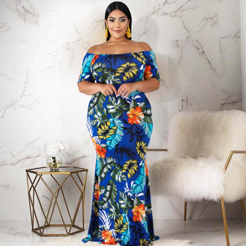 

Plus Size Dresses Women Fashion Dress Floral Printing Patchwork Shoulder Off Oversize Pullover Short Sleeve Western Style Ladies DressPlus, Blue