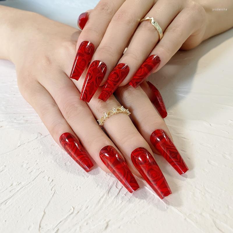

False Nails 24pcs Red Rose Pattern Fake Full Cover Glue DIY Manicure Nail Art Tools Prud22, Ld-jp1033