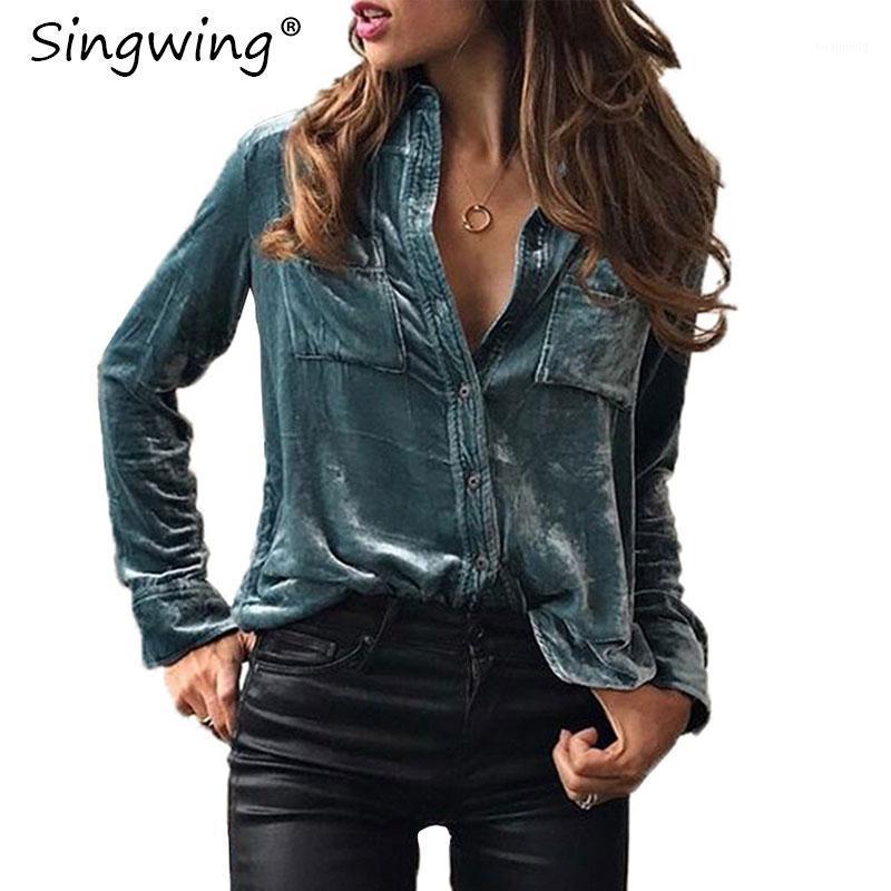 

Singwing Spring Velvet Turn Down Collar Shirt Pocket Thick Office Lady Blouse Female Long Sleeve Women Tops Women' Blouses & Shirts, Blue as picture