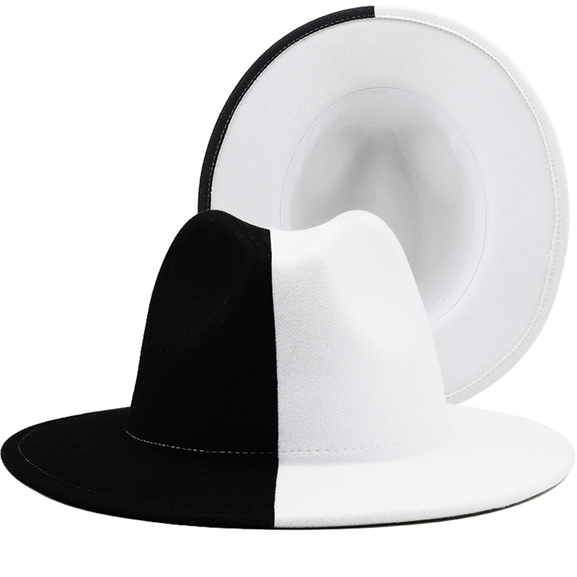 

Black White Patchwork Wool Felt Jazz Fedora Women Unisex Wide Brim Panama Party Trilby Cowboy Cap Men Gentleman Wedding Hat 220718, Red black